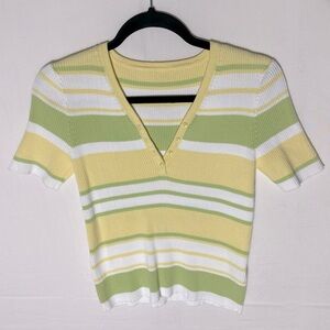 5/$25 Vintage Yellow Green Striped Knit V Neck Short Sleeve Cropped Sweater S